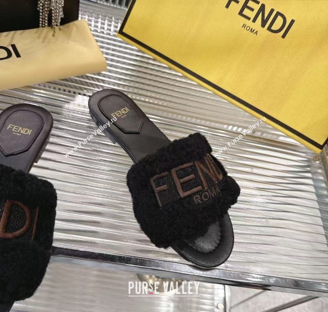 Fendi Flat Slides Sandal in Shearling Wool Black 2025 FE103003 (MD-251030017)