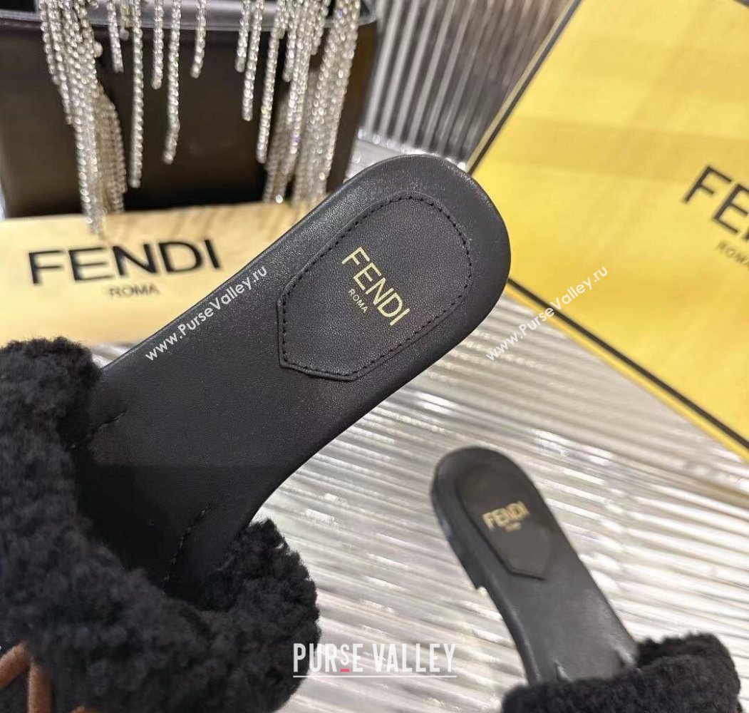 Fendi Flat Slides Sandal in Shearling Wool Black 2025 FE103003 (MD-251030017)