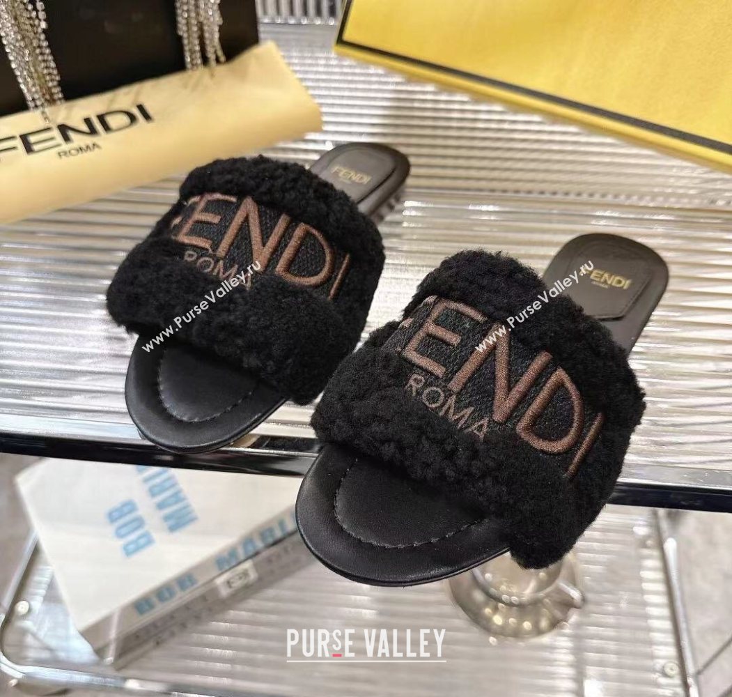 Fendi Flat Slides Sandal in Shearling Wool Black 2025 FE103003 (MD-251030017)