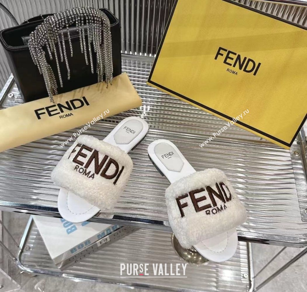 Fendi Flat Slides Sandal in Shearling Wool White 2025 FE103003 (MD-251030018)