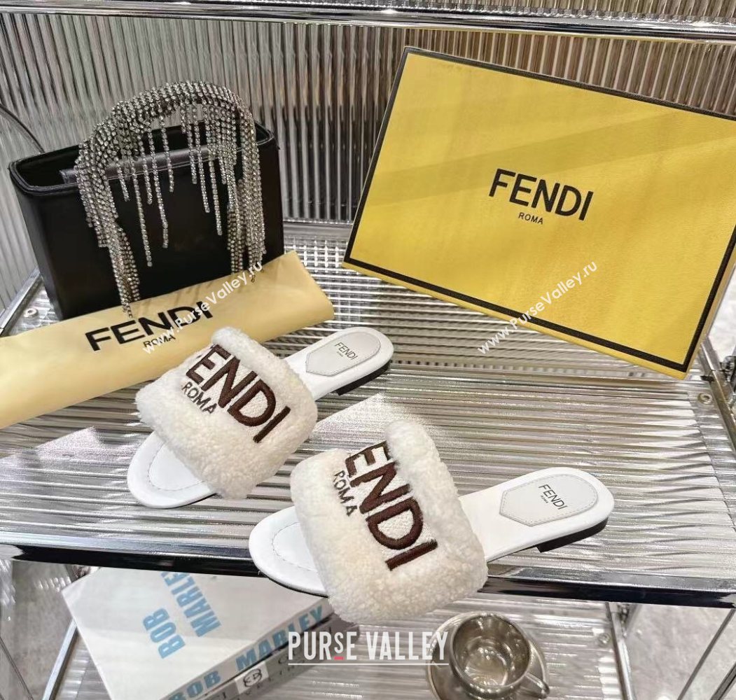 Fendi Flat Slides Sandal in Shearling Wool White 2025 FE103003 (MD-251030018)