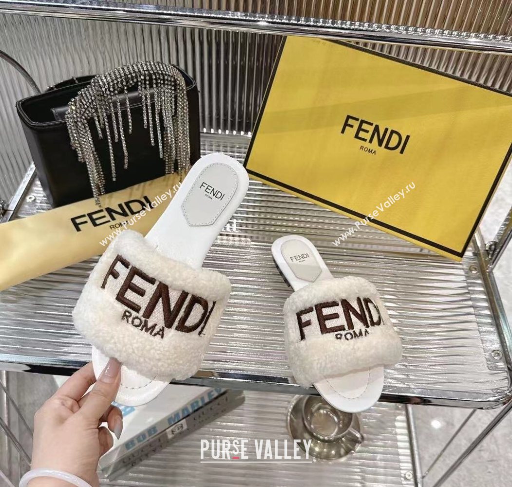 Fendi Flat Slides Sandal in Shearling Wool White 2025 FE103003 (MD-251030018)