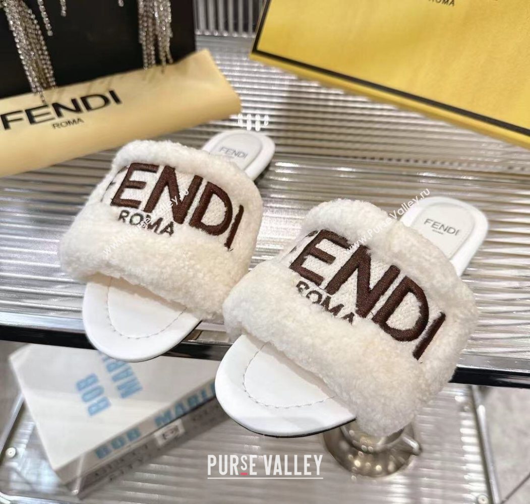 Fendi Flat Slides Sandal in Shearling Wool White 2025 FE103003 (MD-251030018)