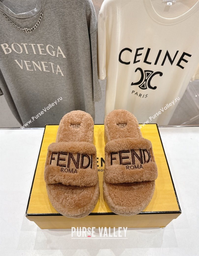 Fendi Sunshine Platform Slides Sandal in Shearling Wool Light Brown 2025 FE103001 (MD-251030007)