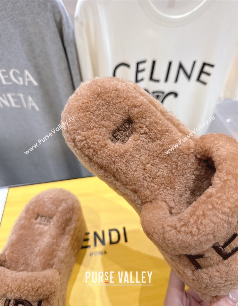 Fendi Sunshine Platform Slides Sandal in Shearling Wool Light Brown 2025 FE103001 (MD-251030007)