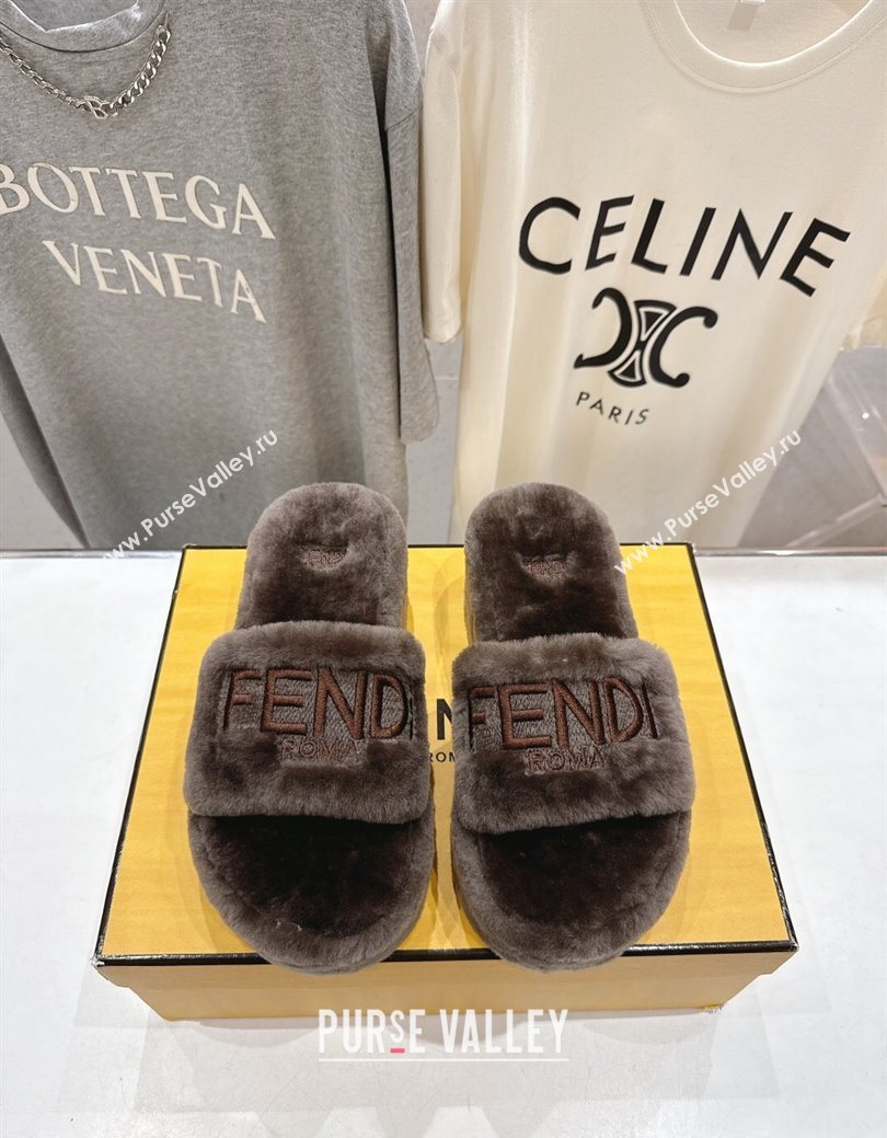 Fendi Sunshine Platform Slides Sandal in Shearling Wool Grey 2025 FE103001 (MD-251030008)