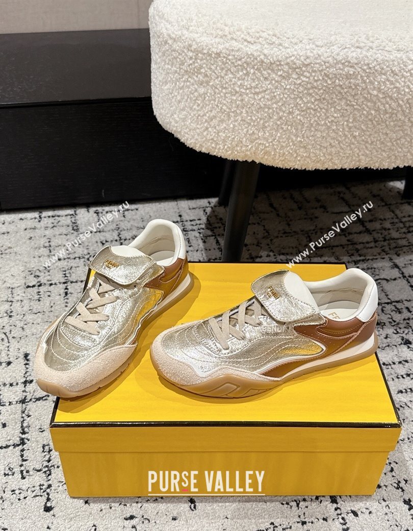 Fendi Wave Pulse Low-tops Sneakers in Suede and Calfskin Leather Gold 2025 (MD-251216071)