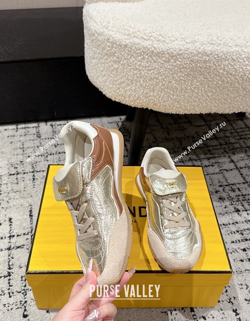 Fendi Wave Pulse Low-tops Sneakers in Suede and Calfskin Leather Gold 2025 (MD-251216071)