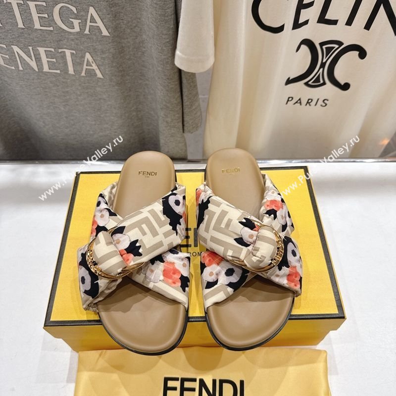 Fendi Feel Flat Slides Sandal in Printed FF Fabric with D-ring Buckle Beige 2025 (MD-251216061)