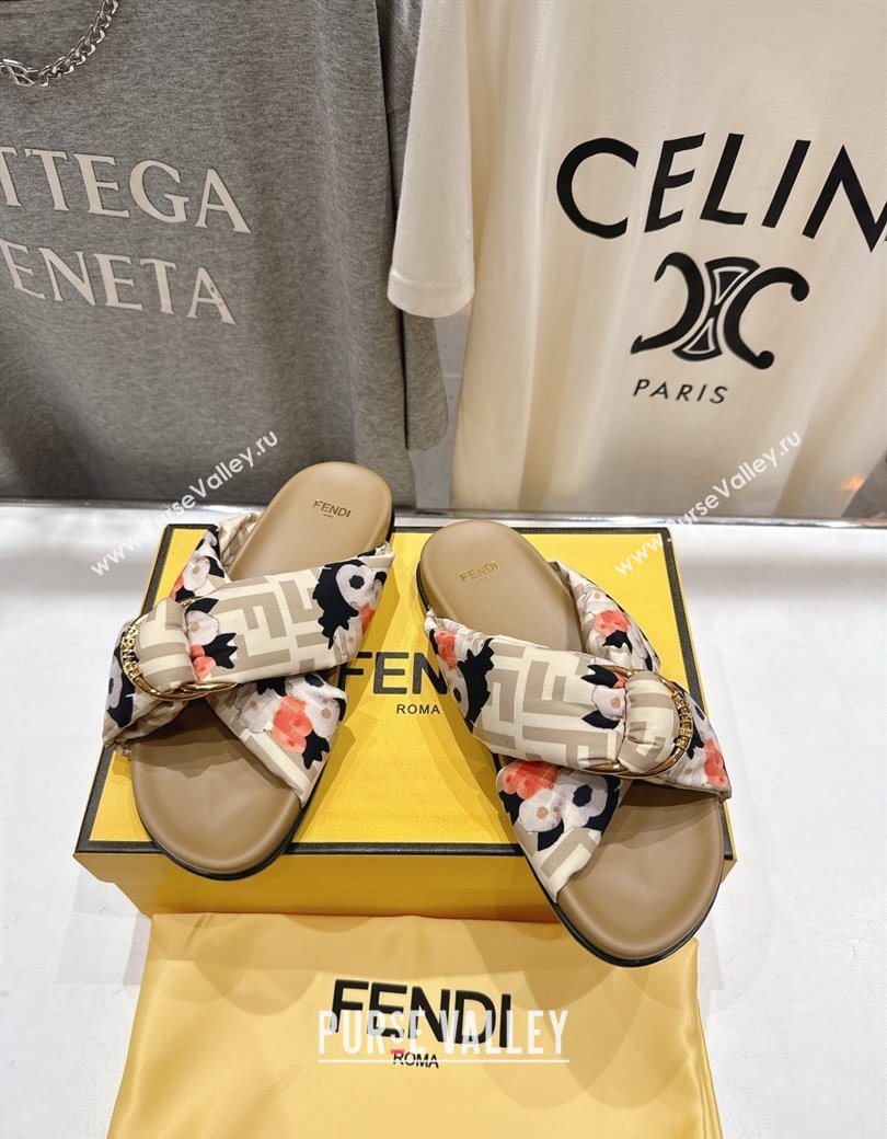Fendi Feel Flat Slides Sandal in Printed FF Fabric with D-ring Buckle Beige 2025 (MD-251216061)