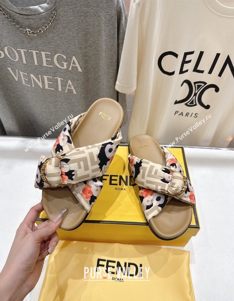 Fendi Feel Flat Slides Sandal in Printed FF Fabric with D-ring Buckle Beige 2025 (MD-251216061)