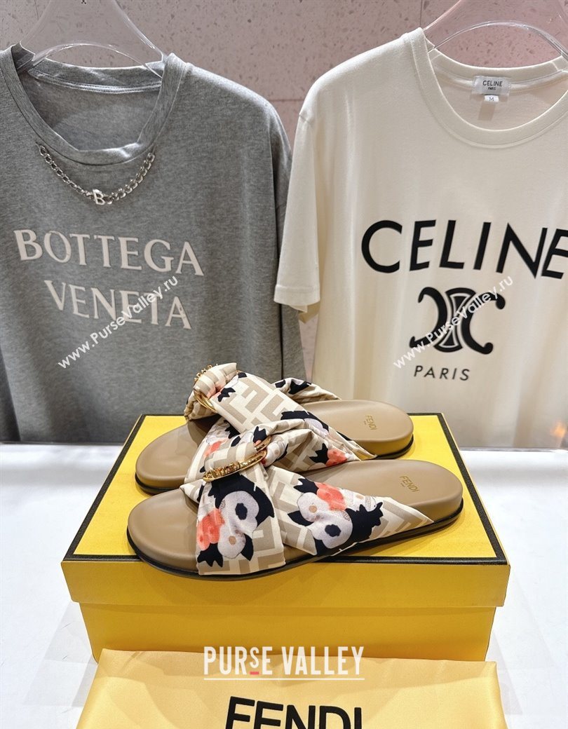 Fendi Feel Flat Slides Sandal in Printed FF Fabric with D-ring Buckle Beige 2025 (MD-251216061)