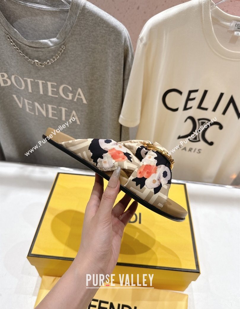 Fendi Feel Flat Slides Sandal in Printed FF Fabric with D-ring Buckle Beige 2025 (MD-251216061)