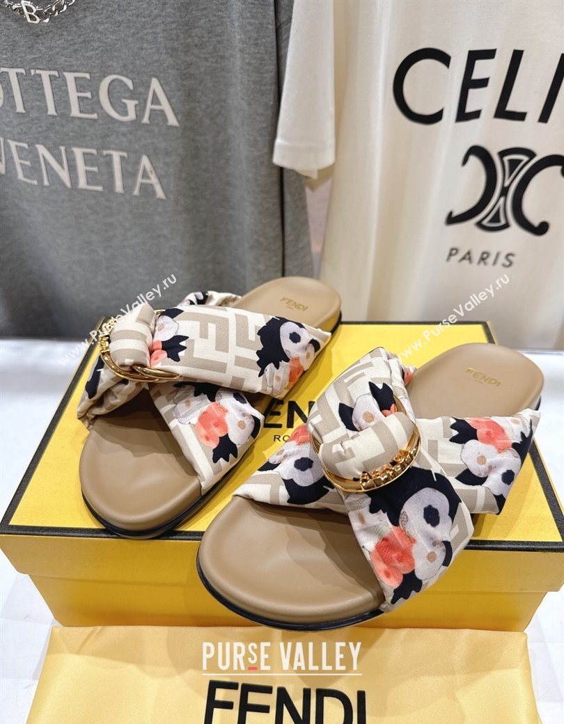 Fendi Feel Flat Slides Sandal in Printed FF Fabric with D-ring Buckle Beige 2025 (MD-251216061)