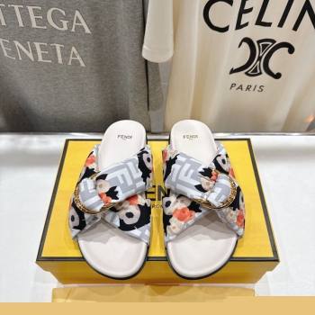 Fendi Feel Flat Slides Sandal in Printed FF Fabric with D-ring Buckle White 2025 (MD-251216062)