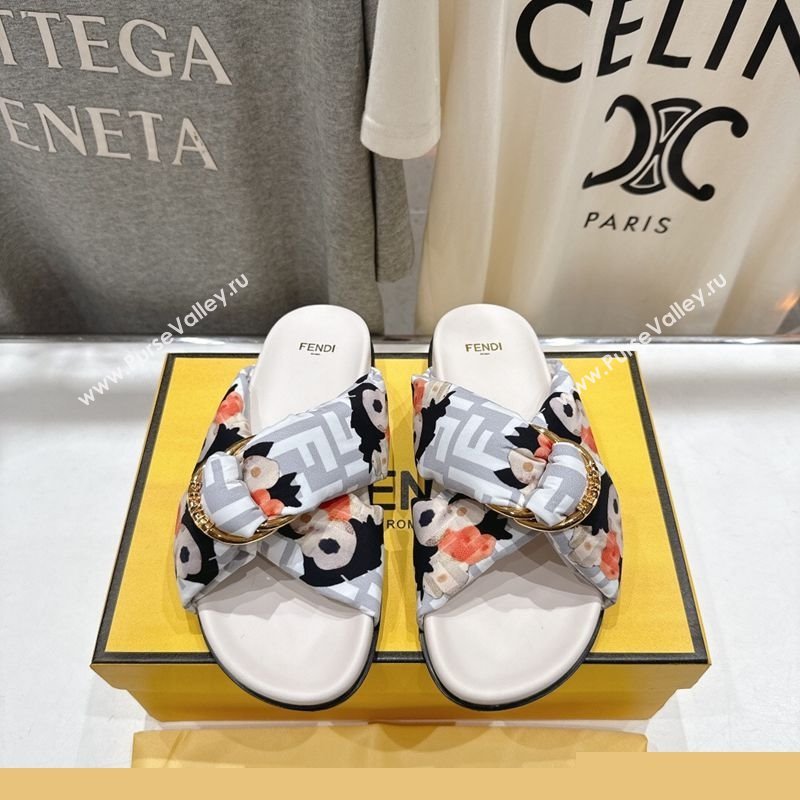 Fendi Feel Flat Slides Sandal in Printed FF Fabric with D-ring Buckle White 2025 (MD-251216062)
