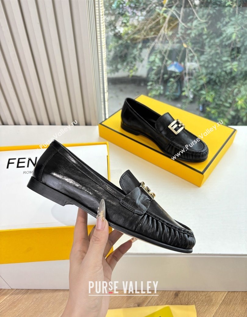 Fendi Baguette Flat Loafers in Shiny Calfskin Leather Black 2025 FE121603 (MD-251216086)