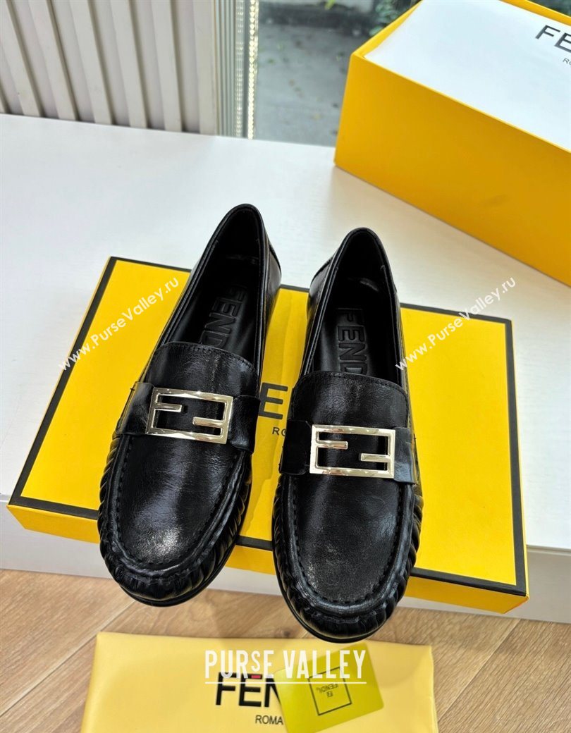 Fendi Baguette Flat Loafers in Shiny Calfskin Leather Black 2025 FE121603 (MD-251216086)