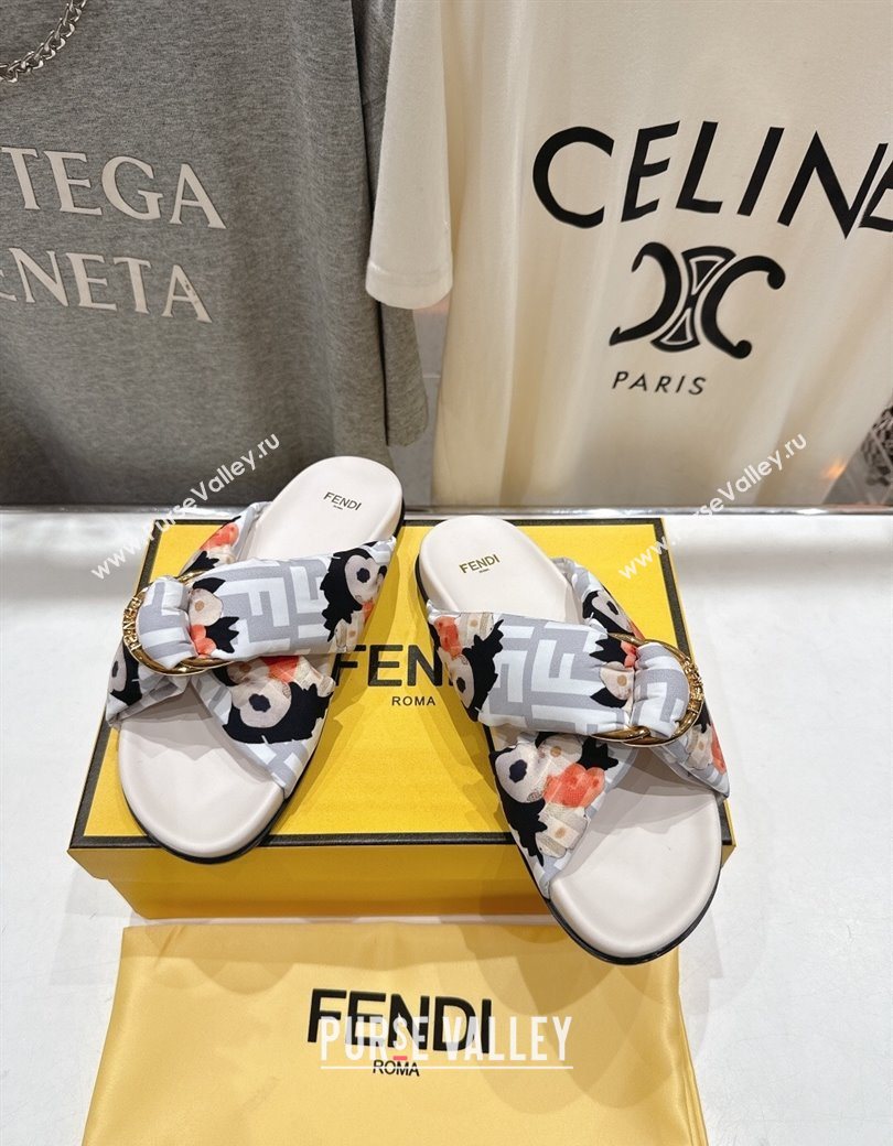 Fendi Feel Flat Slides Sandal in Printed FF Fabric with D-ring Buckle White 2025 (MD-251216062)
