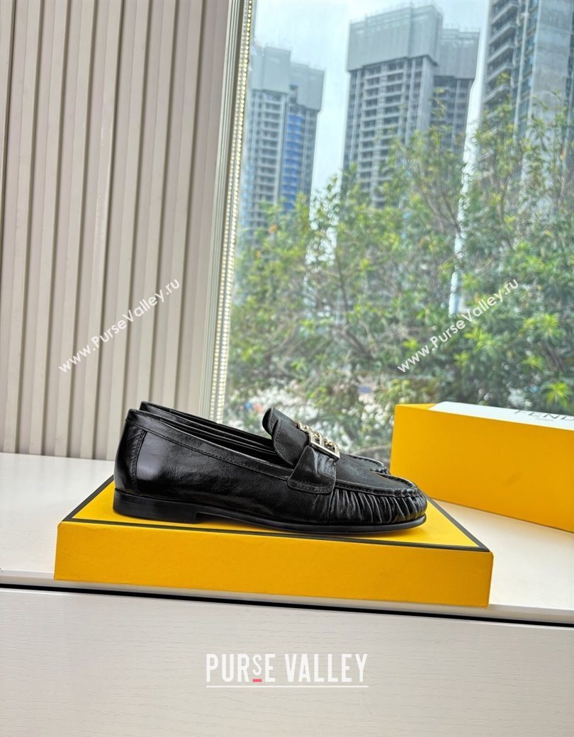 Fendi Baguette Flat Loafers in Shiny Calfskin Leather Black 2025 FE121603 (MD-251216086)