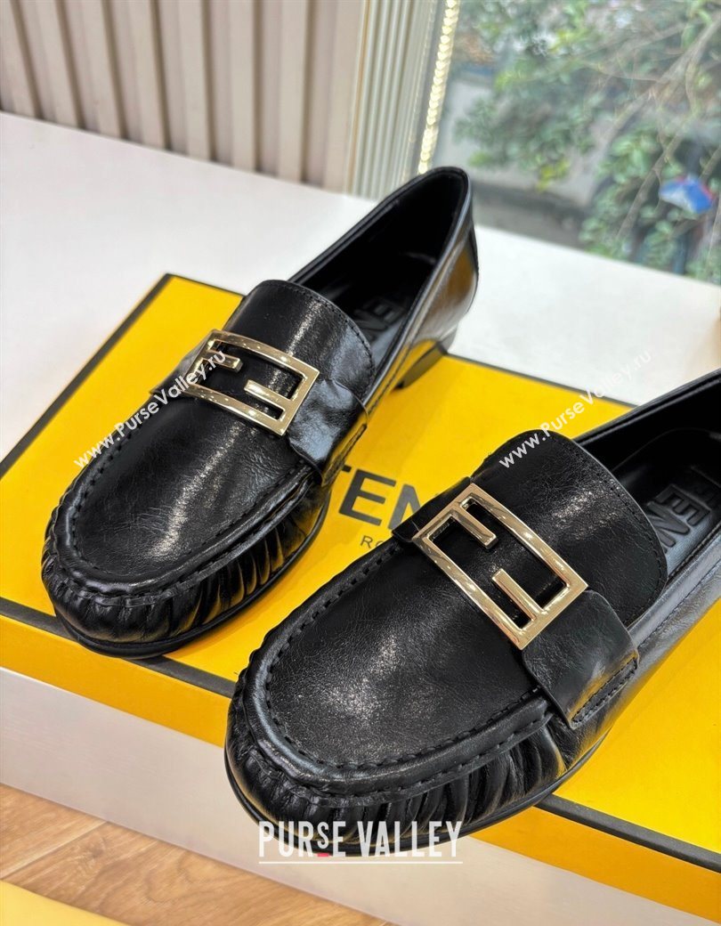 Fendi Baguette Flat Loafers in Shiny Calfskin Leather Black 2025 FE121603 (MD-251216086)