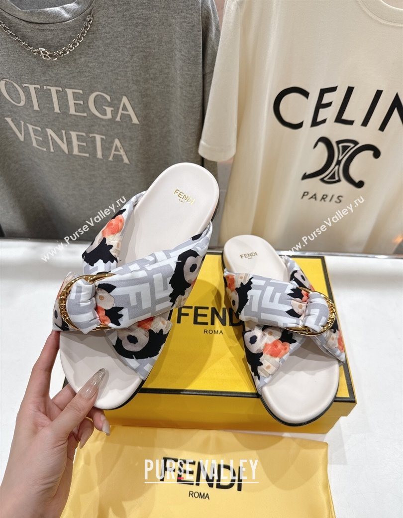 Fendi Feel Flat Slides Sandal in Printed FF Fabric with D-ring Buckle White 2025 (MD-251216062)