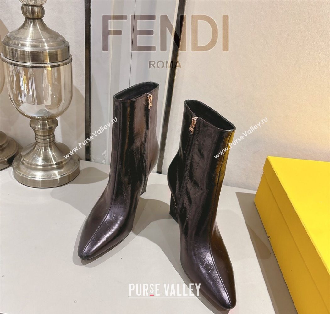 Fendi Arco Heel Ankle Boots 8cm in Hagfish Embossed Leather Dark Brown 2025 (MD-251216077)