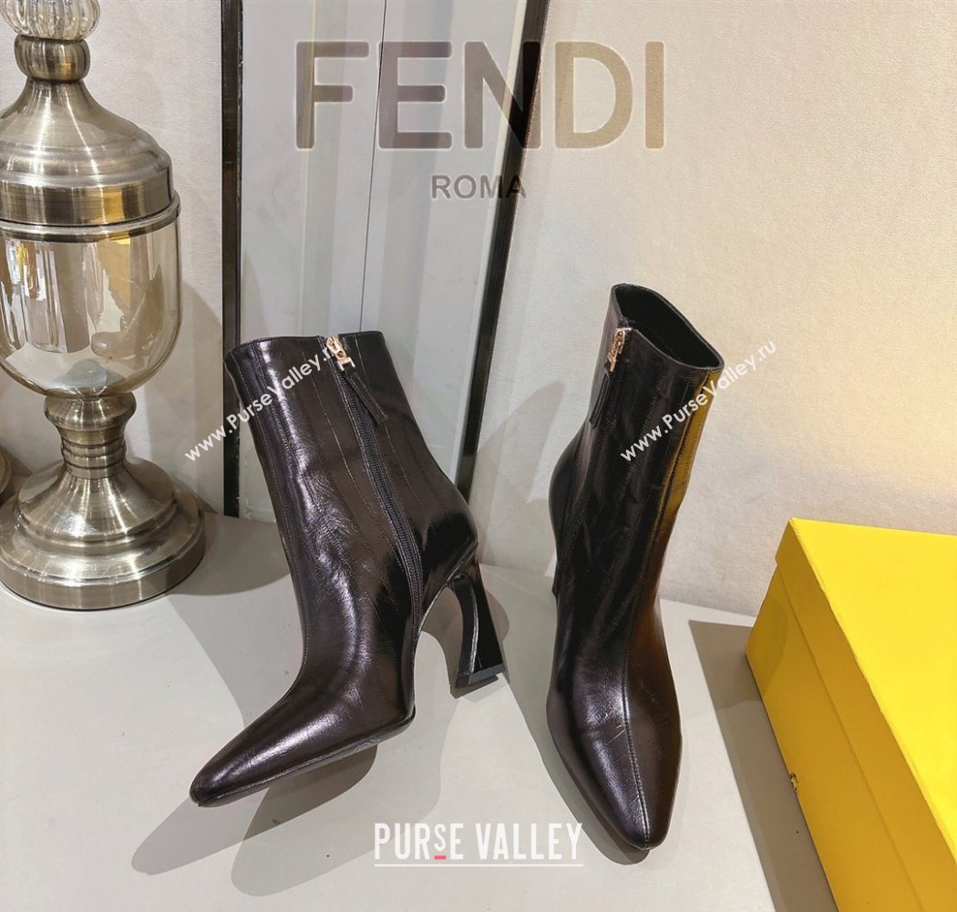 Fendi Arco Heel Ankle Boots 8cm in Hagfish Embossed Leather Dark Brown 2025 (MD-251216077)
