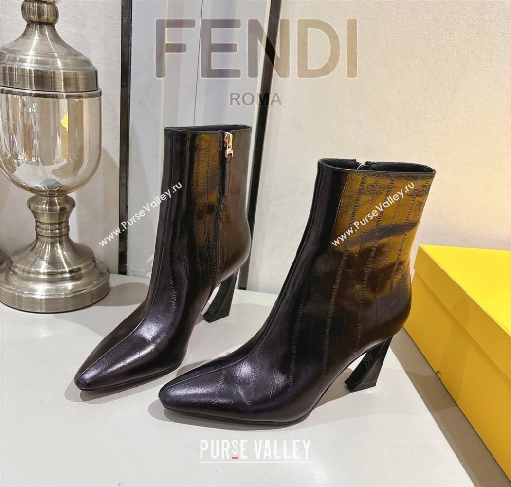 Fendi Arco Heel Ankle Boots 8cm in Hagfish Embossed Leather Dark Brown 2025 (MD-251216077)