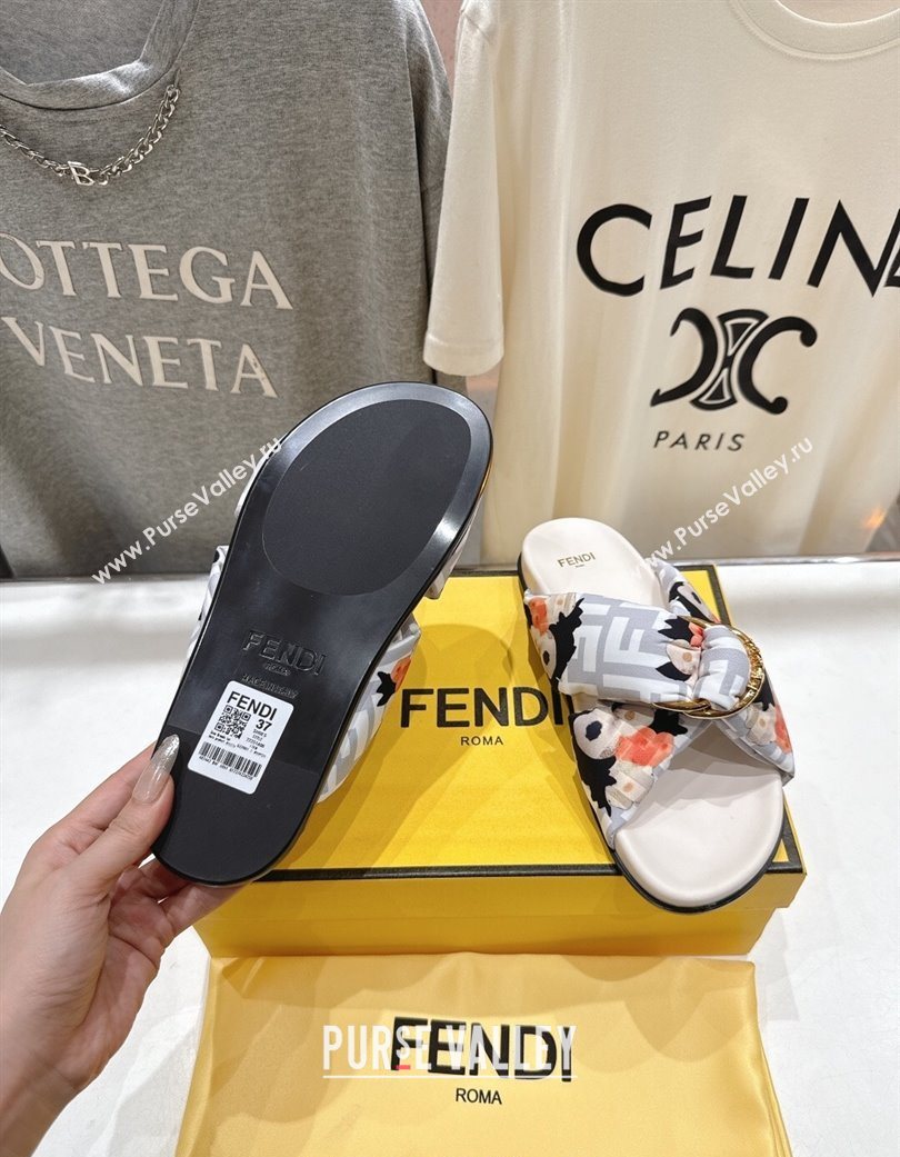 Fendi Feel Flat Slides Sandal in Printed FF Fabric with D-ring Buckle White 2025 (MD-251216062)