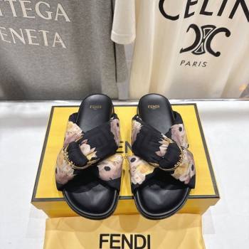 Fendi Feel Flat Slides Sandal in Printed FF Fabric with D-ring Buckle Black/Multicolor 2025 (MD-251216063)