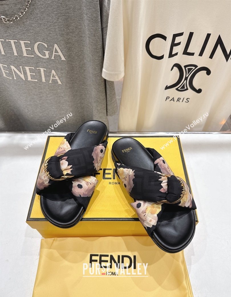 Fendi Feel Flat Slides Sandal in Printed FF Fabric with D-ring Buckle Black/Multicolor 2025 (MD-251216063)