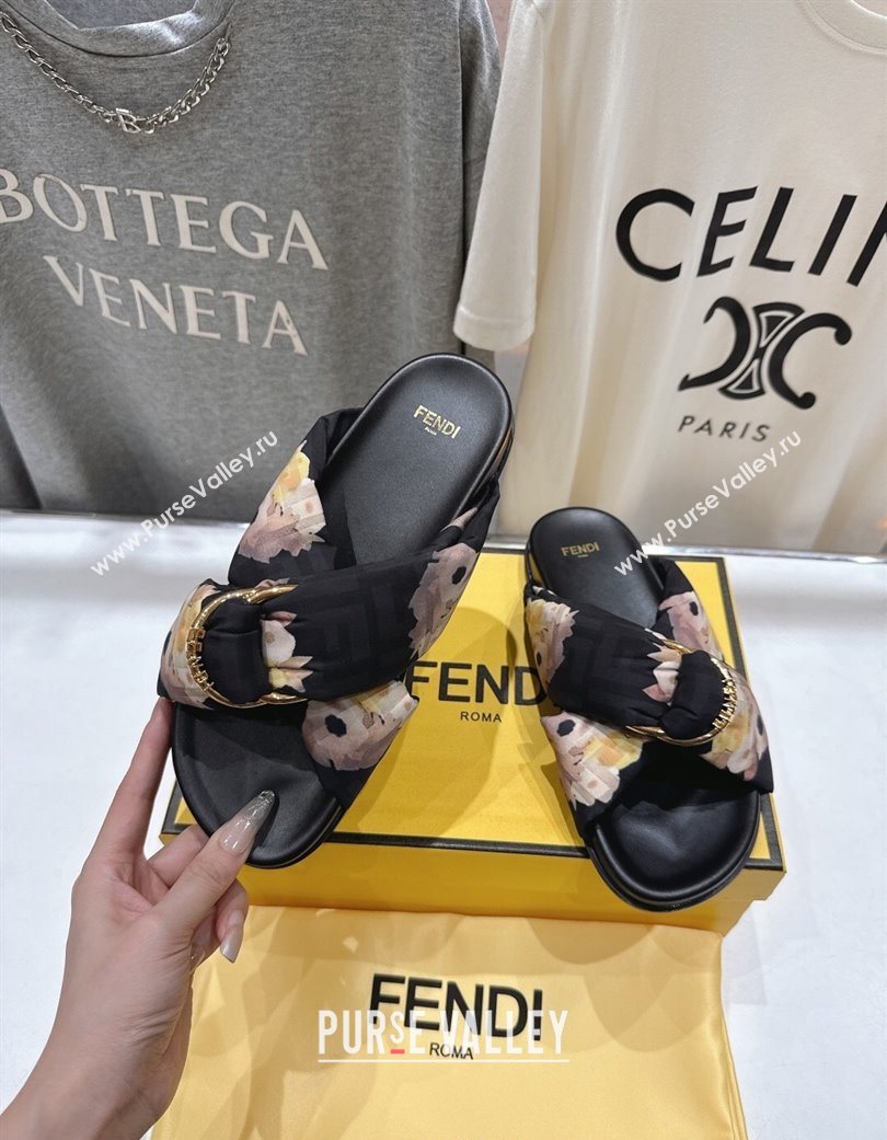 Fendi Feel Flat Slides Sandal in Printed FF Fabric with D-ring Buckle Black/Multicolor 2025 (MD-251216063)