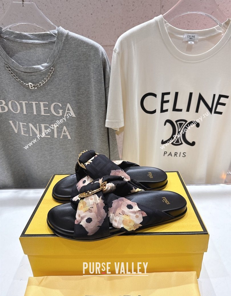 Fendi Feel Flat Slides Sandal in Printed FF Fabric with D-ring Buckle Black/Multicolor 2025 (MD-251216063)