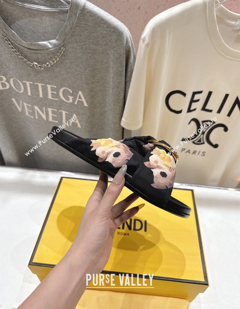 Fendi Feel Flat Slides Sandal in Printed FF Fabric with D-ring Buckle Black/Multicolor 2025 (MD-251216063)