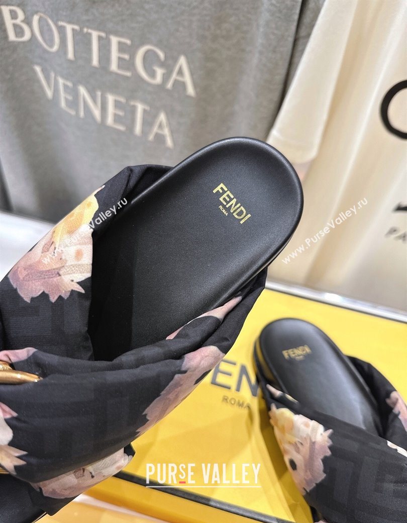 Fendi Feel Flat Slides Sandal in Printed FF Fabric with D-ring Buckle Black/Multicolor 2025 (MD-251216063)