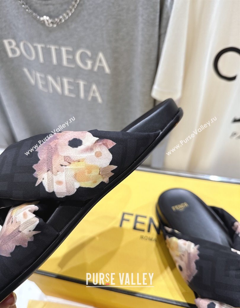 Fendi Feel Flat Slides Sandal in Printed FF Fabric with D-ring Buckle Black/Multicolor 2025 (MD-251216063)