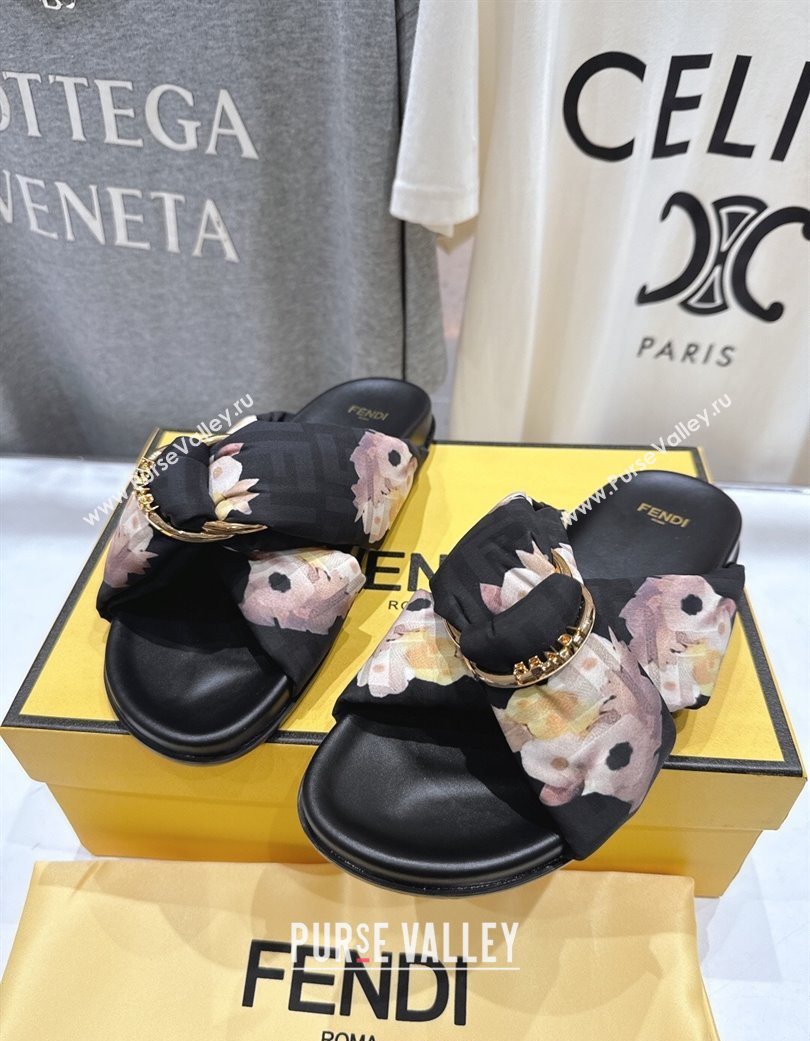 Fendi Feel Flat Slides Sandal in Printed FF Fabric with D-ring Buckle Black/Multicolor 2025 (MD-251216063)