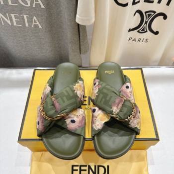 Fendi Feel Flat Slides Sandal in Printed FF Fabric with D-ring Buckle Green 2025 (MD-251216065)