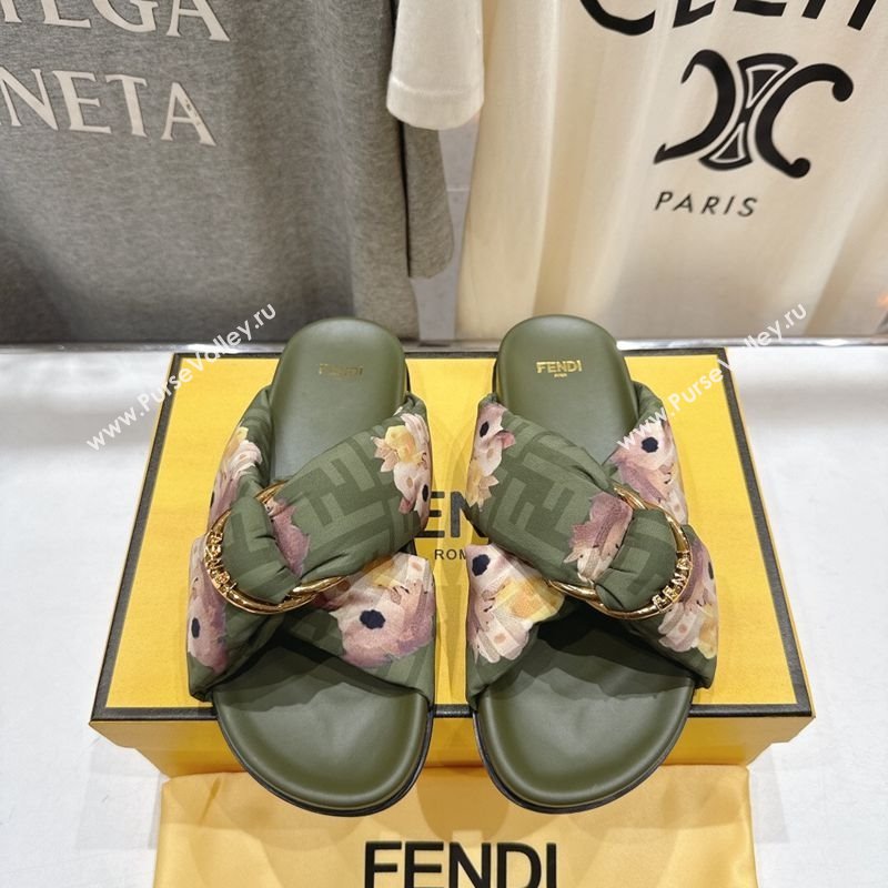 Fendi Feel Flat Slides Sandal in Printed FF Fabric with D-ring Buckle Green 2025 (MD-251216065)