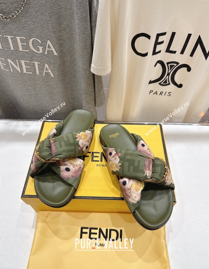 Fendi Feel Flat Slides Sandal in Printed FF Fabric with D-ring Buckle Green 2025 (MD-251216065)
