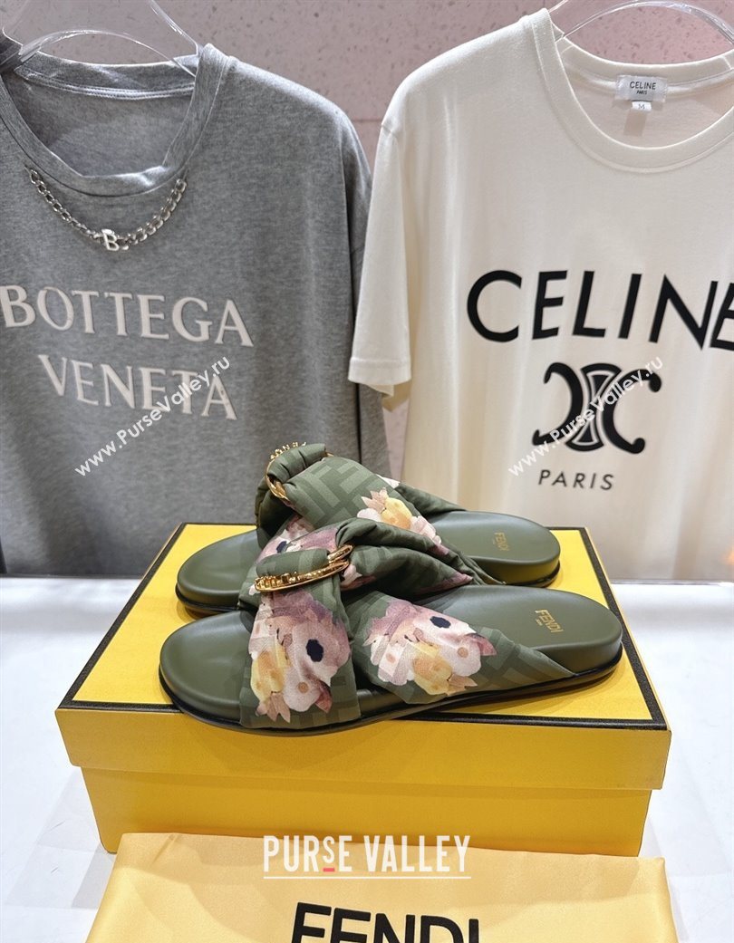 Fendi Feel Flat Slides Sandal in Printed FF Fabric with D-ring Buckle Green 2025 (MD-251216065)