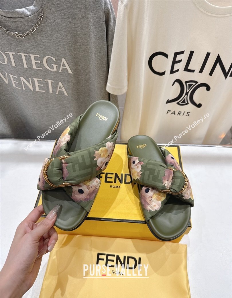 Fendi Feel Flat Slides Sandal in Printed FF Fabric with D-ring Buckle Green 2025 (MD-251216065)