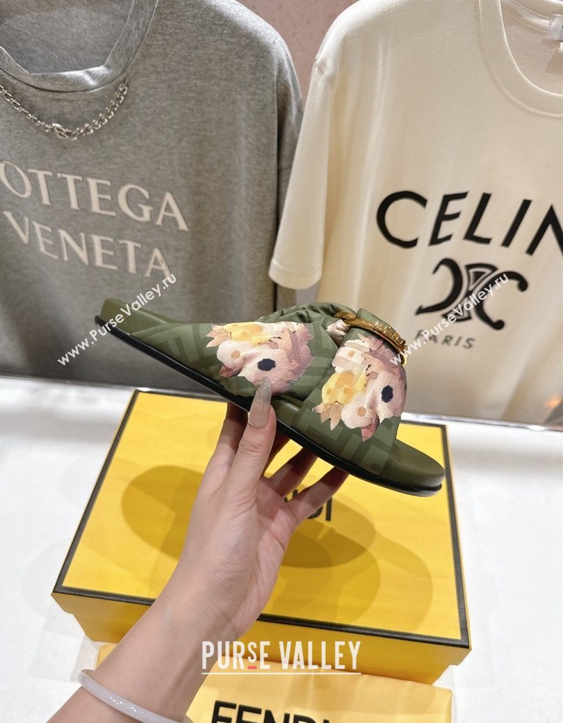 Fendi Feel Flat Slides Sandal in Printed FF Fabric with D-ring Buckle Green 2025 (MD-251216065)