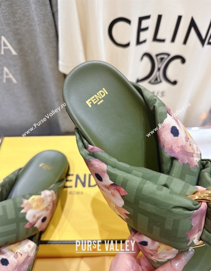 Fendi Feel Flat Slides Sandal in Printed FF Fabric with D-ring Buckle Green 2025 (MD-251216065)