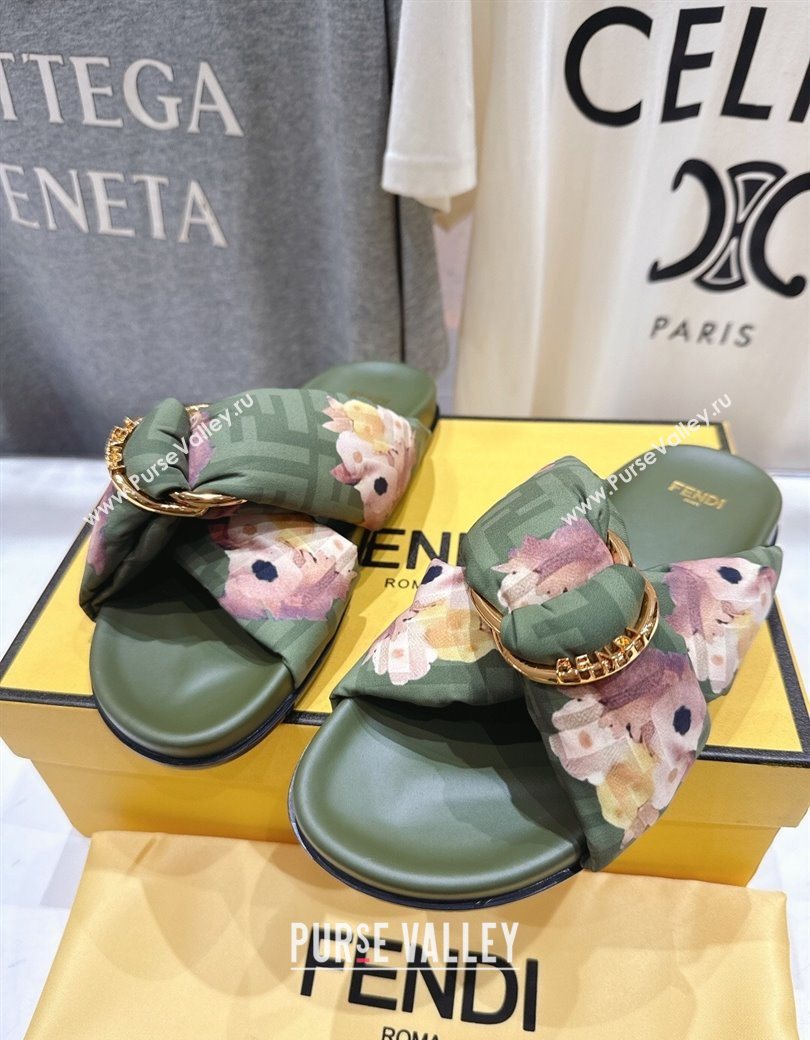Fendi Feel Flat Slides Sandal in Printed FF Fabric with D-ring Buckle Green 2025 (MD-251216065)