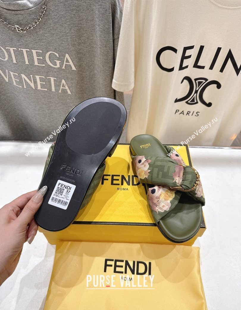 Fendi Feel Flat Slides Sandal in Printed FF Fabric with D-ring Buckle Green 2025 (MD-251216065)