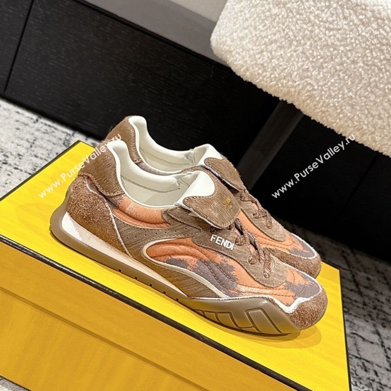 Fendi Wave Pulse Low-tops Sneakers in Fabric and Suede Orange/Brown 2025 (MD-251216068)