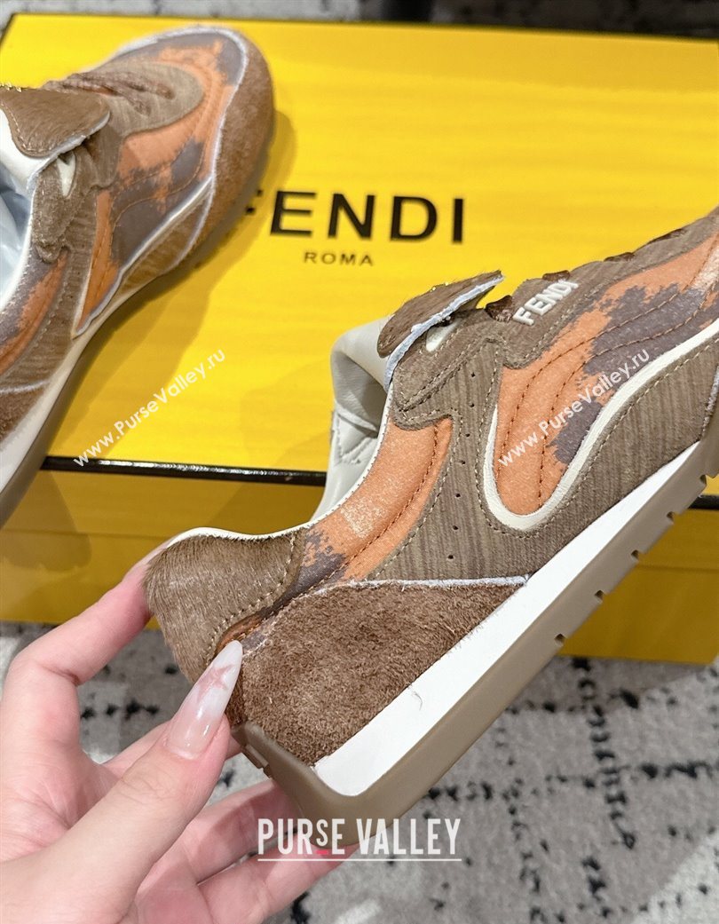 Fendi Wave Pulse Low-tops Sneakers in Fabric and Suede Orange/Brown 2025 (MD-251216068)