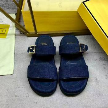 Fendi Feel Flat Slides Sandal in Navy Blue Denim 2026 FE030201 (MD-260302002)